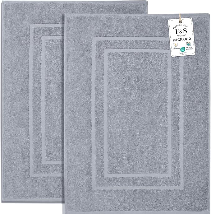Feather & Stitch 2 Piece Towel Like Bath Mats (30x21 Inch) 100% Cotton Terry Bath Mats, Bathroom Shower Floor Mats [NOT A Bathroom Rug], Soft Absorbent Washable Mats - Grey