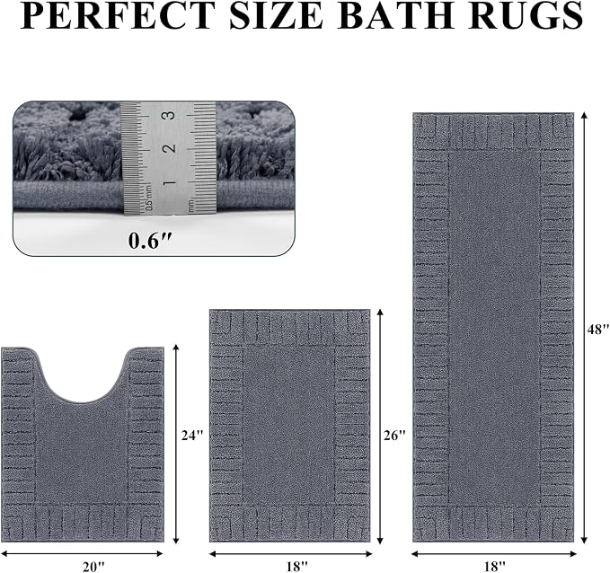 Pauwer Bathroom Rugs Sets 3 Piece Bathroom Shower Rugs with U-Shaped Contour Toilet Mat Absorbent Microfiber Plush Bath Mats Non Slip Bath Rugs Machine Washable Shaggy Bath Mat Set, Dark Grey