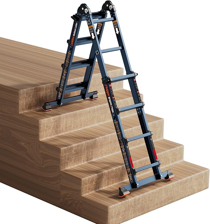 LANBITOU Ladder, A Frame 4 Step Ladder Extension, 14 FT Anti-Slip Multi Position Ladder, Storage Folding Ladder, 300 lbs Security Load Telescoping Aluminum Ladders for Stairs Home Indoor Outdoor Roof