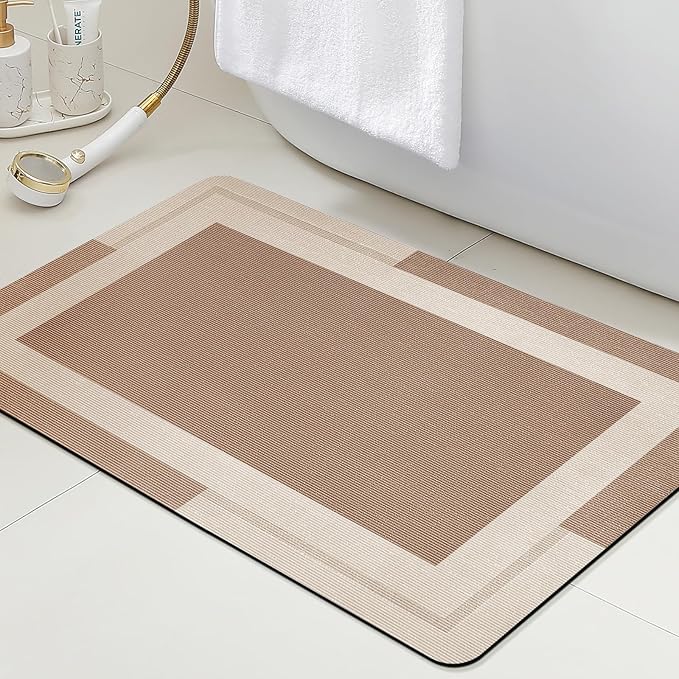 ACCUMTEK Non Slip Bath Mat, Thin Bathroom Rugs Fit Under Door, Quick Dry Bath Mats, Machine Washable Bath Rugs for Bathroom, Bathtub & Kitchen, Bathtub, Light Brown/Bordered/32 x20