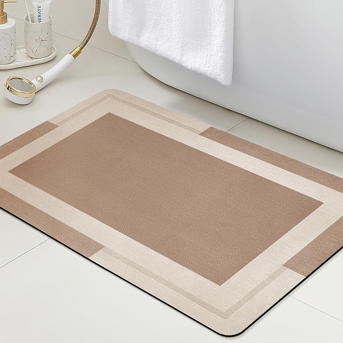 ACCUMTEK Non Slip Bath Mat, Thin Bathroom Rugs Fit Under Door, Quick Dry Bath Mats, Machine Washable Bath Rugs for Bathroom, Bathtub & Kitchen, Bathtub, Light Brown/Bordered/24 x17