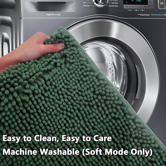 Green Bathroom Rug Chenille 3-Piece Extra Soft and Absorbent Shag Bath Mat Set, Machine Wash Bathroom Rug Set, Strong PVC Non-Slip Underside, Plush Carpet Bath Mat (Dark Green)