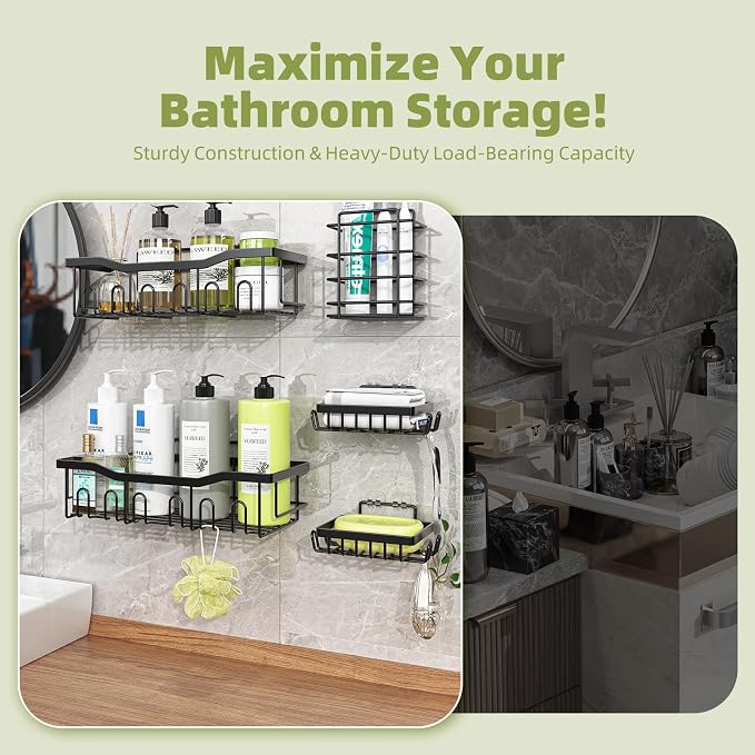 Simple Trending Shower Caddy, 5 Pack Rustproof Stainless Steel Shower Shelves, No Drilling Bathroom Organizer Adhesive with Large Capacity, Black Metal Storage Basket