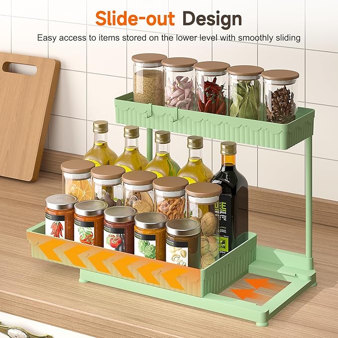 Sevenblue 3 Pack Multi-Purpose Pull-Out Storage Organizers, 2-Tier L-Shaped Under Sink/Cabinet Organizers and Storage for Bathroom & Kitchen,Green,12.85 Inch