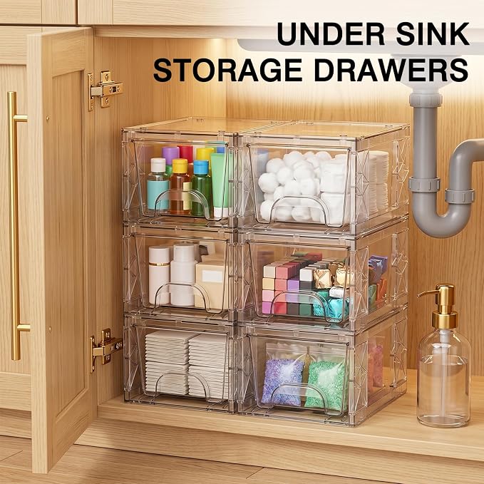 Stackable Storage Drawers, 4.4in Small Bathroom Organizers and Storage Boxes, Simply Assembled Box Containers for Medicine, Cosmetics, , Kitchen, Snack(6 Pack)