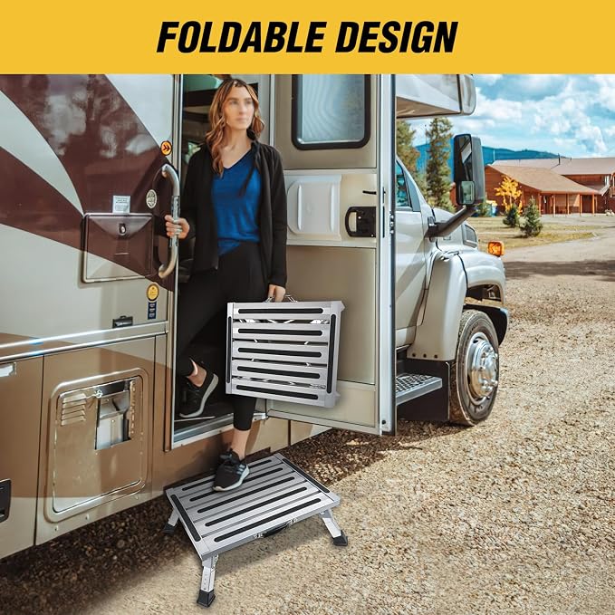 Nilight RV Step Stool Aluminum Folding Platform Steps 19x14.5 RV Steps 4 Levels Adjustable Step Stool with Anti-Slip Surface Rubber Feet Handle Supports Up to 500lbs for Camper Travel Trailer, Silver