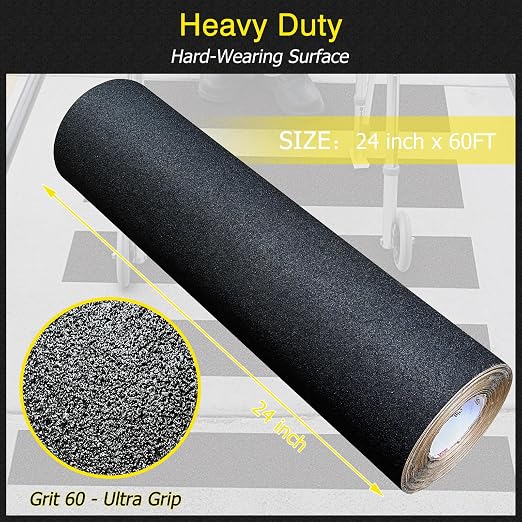 S&X Anti Slip Tape 24 Inch x 60 FT Roll, Ultimate Non-Slip Skid Grip Tape for Outdoor Stair Treads, Wooden Steps & Exterior Grips, Black, Grit 60, Waterproof, Extra-Durable, Long-Lasting