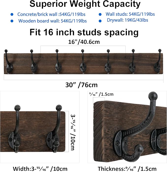 WEBI Rustic Coat Rack Wall Mount,30" Long 7 Cast Iron Coat Hooks Wall Mounted,Heavy Duty Wood Wall Coat Hanger Hooks for Hanging Coats,Jacket,Clothes,Backpack,Farmhouse,Weathered Brown