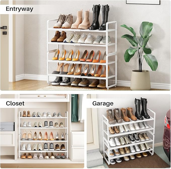 SNTD Shoe Rack - Expandable Shoe Organizer for Closet, Adjustable Metal Shoe Shelf Storage, Stackable Long Shoe Stand Holder for Garage, Entryway, Door Entrance (White, 4-Tier)