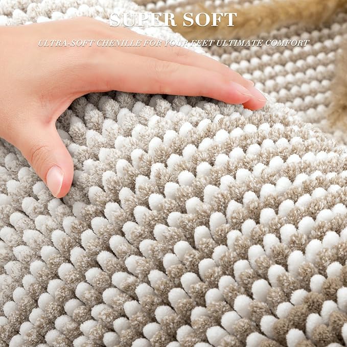BSICPRO Chenille Bathroom Rugs, 24 x 43 Inches Non Slip Absorbent Bath Mat, Soft Shaggy Shower Bath Floor Mats for Bathroom, Machine Washable(Light Taupe)