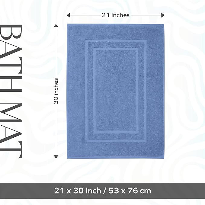 Feather & Stitch 2 Piece Towel Like Bath Mats (30x21 Inch) 100% Cotton Terry Bath Mats, Bathroom Shower Floor Mats [NOT A Bathroom Rug], Soft Absorbent Washable Mats - Faded Denim