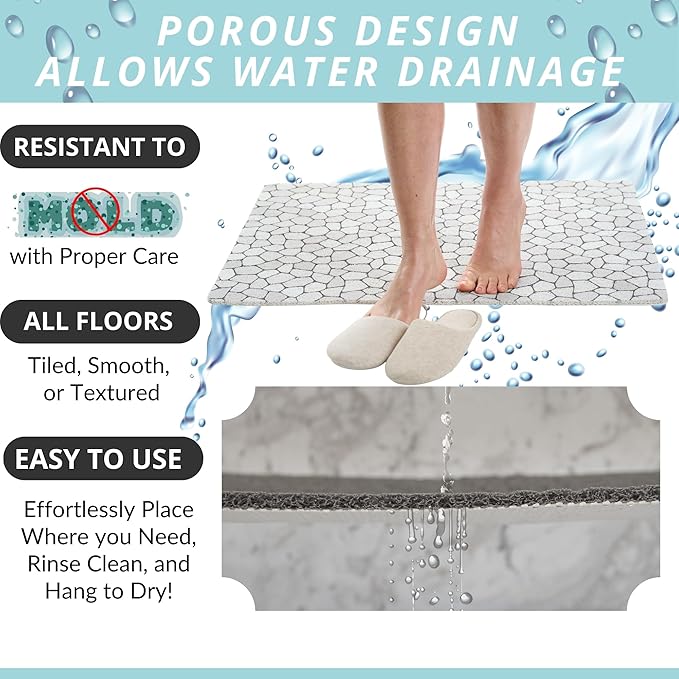Enkosi Loofah Non-Slip Shower Mat - Shower Floors, Bathtub, Bathrooms, Wet Areas - Cushioned Bath Mat with Drain Holes - Quick Dry PVC, Secure Safety Pad Without Suction Cups (32x24 Pebble)