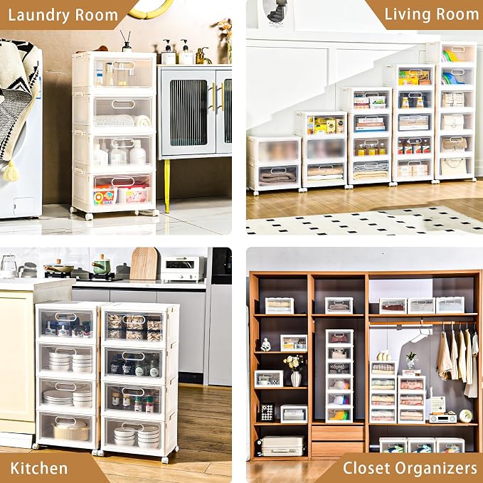 Freebat 4-Tier Stackable Storage Bins with Lid, 23QT Storage Containers,Clear Foldable Plastic Drawer Storage on Wheels,Closet Organizers and Storage for Living Room,Bedroom,Office,Dorm