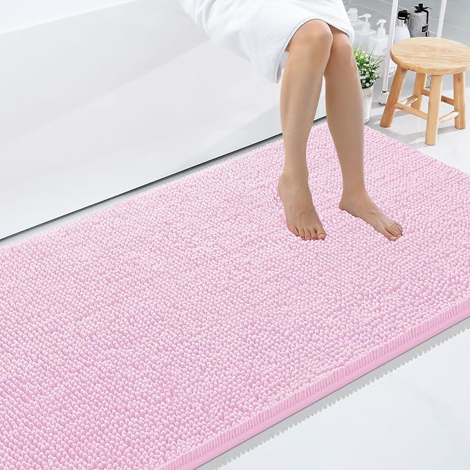 Smiry Luxury Chenille Bathroom Rugs 59x35, Extra Soft and Absorbent Shaggy Bath Mat, Machine Washable, Non-Slip Plush Carpet Runner for Tub, Shower, and Floor, Home Decor Accessories, Pink