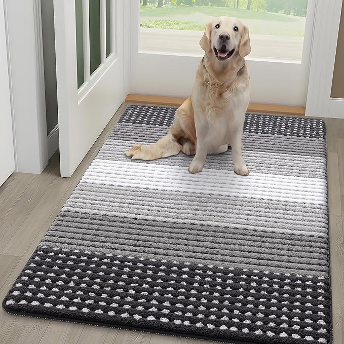 Kitinjoy Indoor Outdoor Door Mat, 48x30 Non-Slip Absorbent Dirt Trapper, Low-Profile Washable Inside Entrance Front Floor Mat, Sturdy Soft Entry Dotted Ombre Doormats for Entryway, Grey