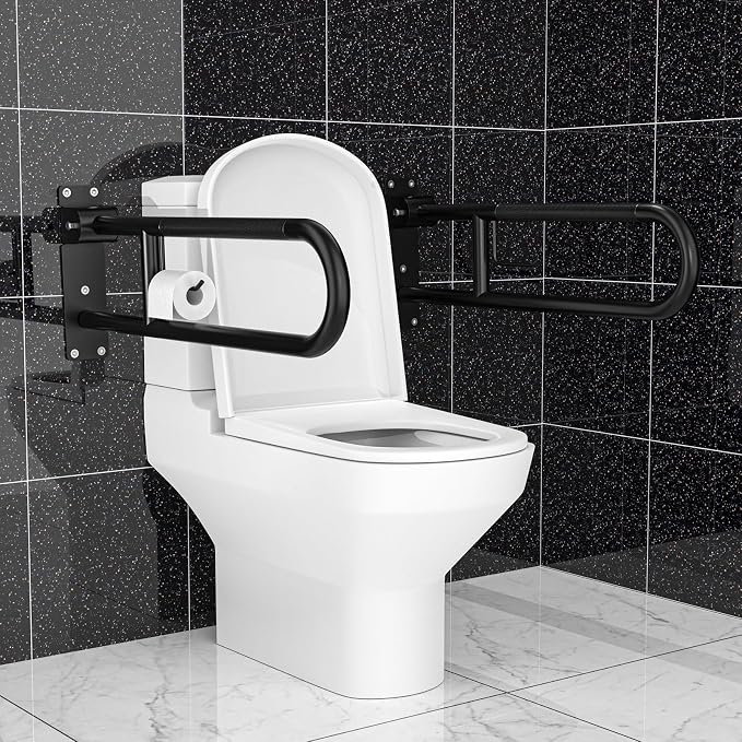 Toilet Grab Bar 32 Inch Black, Munzong Anti-Slip Handicap Grab Bars with Paper Holder, Flip-Up Bathroom Safety Rails, Stainless Steel Knurled Support handrails for Seniors Elderly Disabled Pregnant
