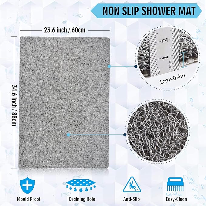 godehone Shower Mats Non Slip Without Suction Cups, PVC Loofah Bathroom Mats, Loofah Mats for Shower and Bathroom, Quick Drying, 23.6× 34.6 Inch, Grey