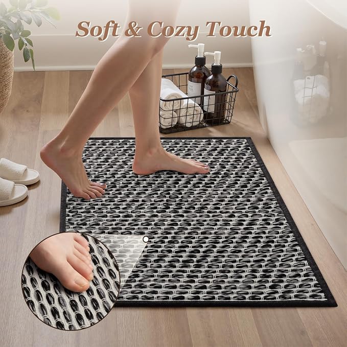 AMOAMI Unique Woven Bath Mat, Super Absorbent Non Slip Bath Mats for Bathroom Floor Textured Bathroom Mat Quick Dry Washable Bath Rug Boho Thin Rugs for Bathroom Beside Tub, 18" x 30", Black