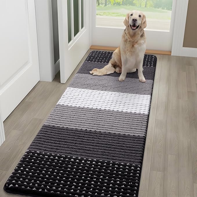 Kitinjoy Indoor Outdoor Door Mat, 59x20 Non-Slip Absorbent Dirt Trapper, Low-Profile Washable Inside Entrance Front Floor Mat, Sturdy Soft Entry Dotted Ombre Doormats for Entryway, Black