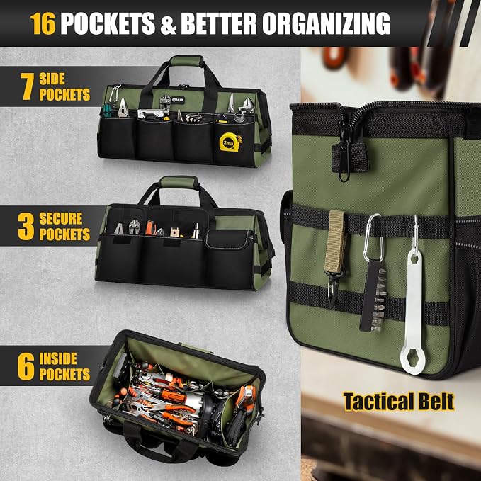UUP Heavy Duty Tool Bag 20-Inch, Extra Large 16-Pocket Portable Empty Tool Box Organizer Storage, Toolbox Organization, Soft Handle Carrying Toolbag with Zipper, Father Dad Men Mechanic Birthday Gift