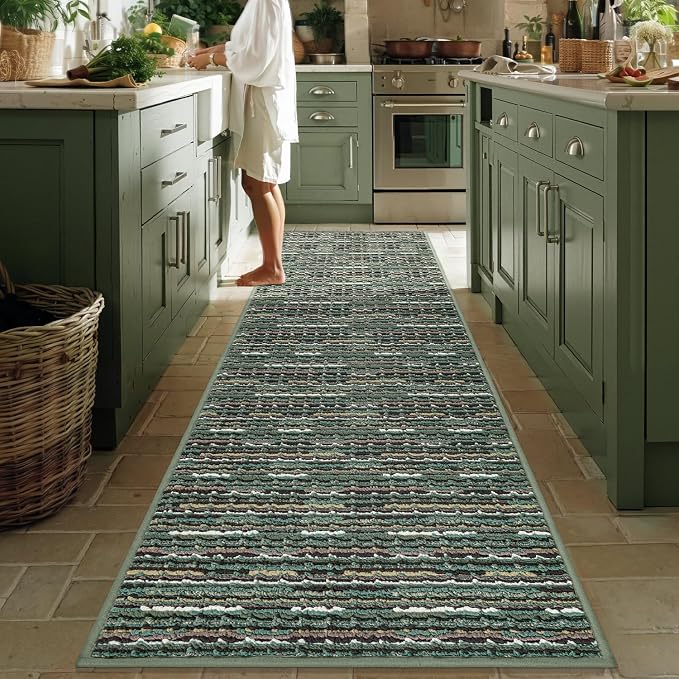 Kitchen Runner-Non Slip Kitchen Mats for Floor-Thick Stain Resistant Vintage Kitchen Floor Rug Runner Carpet for Hallways Entryway Laundry Room Washable（Green 24"x70"）