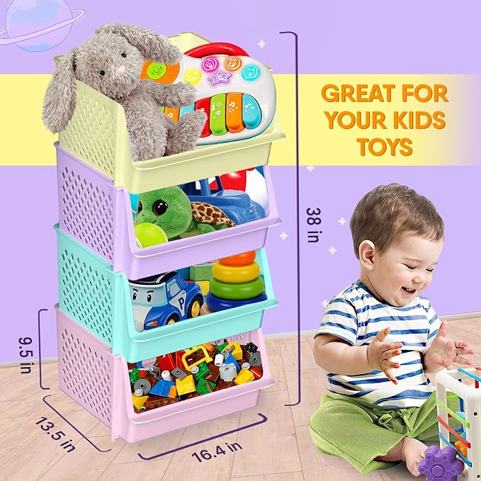 TidyFriend 4 Pk Large Stackable Storage Bins Open Front for Pantry Organizers and Storage, Pantry Storage for Food, Kitchen and Home Organization, Plastic Storage Bins, Dorm Room Essentials (Multi)