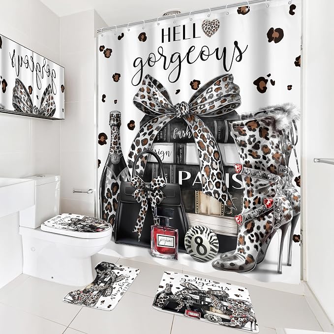 4Pcs White Black Leopard Shower Curtain Set,Cheetah Fashion Luxury Magazine Books Perfume High Heels Bathroom Curtain with Rug, Toilet Lid Cover, Bath Mat,Girls Shower Curtain with 12 Hooks