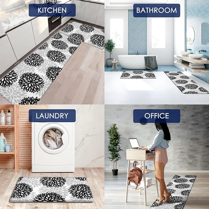 Cushioned Anti-Fatigue Kitchen Mats for Floor – Non-Slip Waterproof Memory Foam Runner, Extra Wide & Long, Comfortable Standing Mat for Kitchen, Sink, Office, Laundry, Black Gray