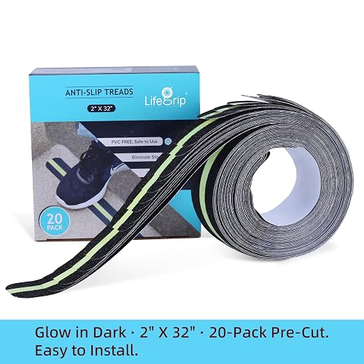 LifeGrip Anti Slip Traction Treads with Glow in Dark Stripe (20-Pack), 2" X 32", Best Grip Tape Grit Non Slip, Outdoor Non Skid Tape, High Traction Friction Abrasive Adhesive for Stairs Step