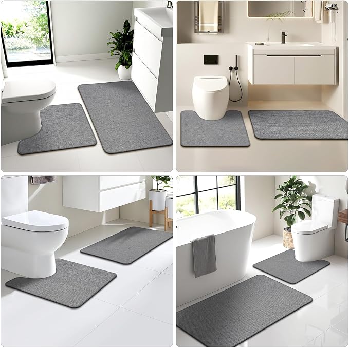 HOMTEB Toilet Rugs U Shaped Washable 24x20, Ultra Thin Toilet Rug Super Absorbent, Toilet Mat Rubber Backing Non-Slip, Toilet Mats Machine Washable Dry Quickly, Contour Bathroom Rugs for Toilet-Grey
