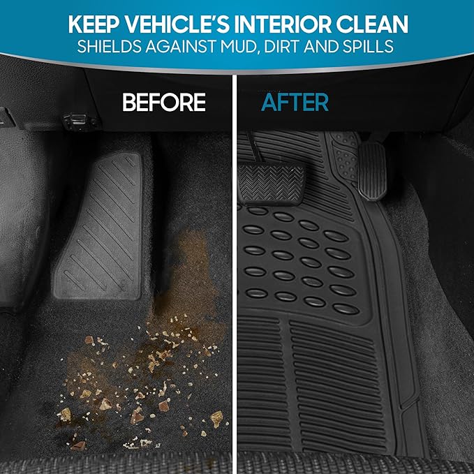 BDK ProLiner Floor Mats for Cars Trucks SUV, 2-Piece All-Weather Car Mats with Universal Fit Design, Durable Car Floor Mats with Capture Ridges, Waterproof Rubber Floor Mats for Cars (Black)