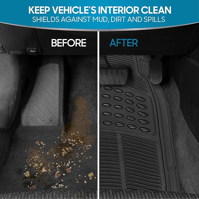 BDK ProLiner Car Floor Mats for Cars Trucks SUV, 3-Piece All-Weather Heavy Duty Rubber Liners with Universal Trimmable Fit, Durable Waterproof Vehicle Auto Floor Mats with Capture Ridges Black