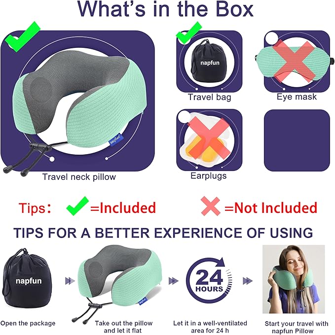 napfun Neck Pillow for Traveling, Upgraded Travel Neck Pillow for Airplane 100% Pure Memory Foam Travel Pillow for Flight Headrest Sleep, Portable Plane Accessories, Turquoise