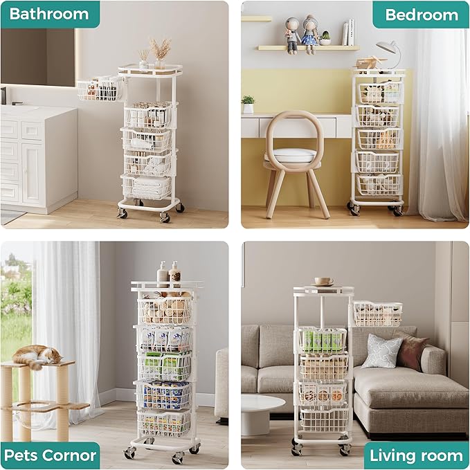 5 Tier Kitchen Fruit Vegetable Storage Cart with Rotating Basket, Rolling Rack Shelf Organizer Floor Stand on Wheel for Snack Spice Produce Veggie Onion Potato Bin, Vianderos Para Cocina, White