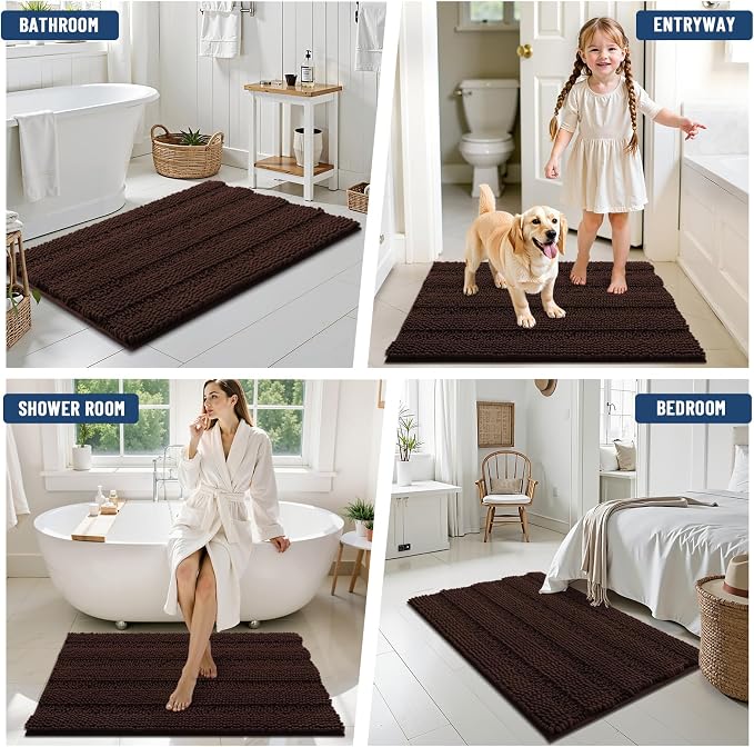 Grandaily Chenille Striped Bathroom Rugs 36x24, Extra Thick and Soft Absorbent Bath Mats, Rubber Backing, Plush Shaggy Shower Carpet, Machine Wash Dry, Bath Rug for Bathroom, Dark Brown