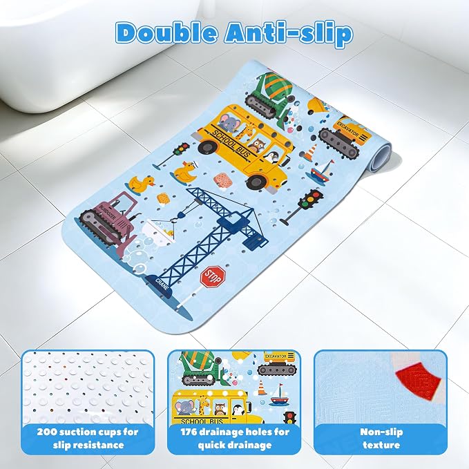 UNEEDE Baby Bathtub Mat Non Slip with 200 Suction Cups & 176 Drain Holes, 40''x16'' Quick Dry Bath Mat, Machine Washable Shower Mat for Toddlers & Kids, Vehicles Pattern