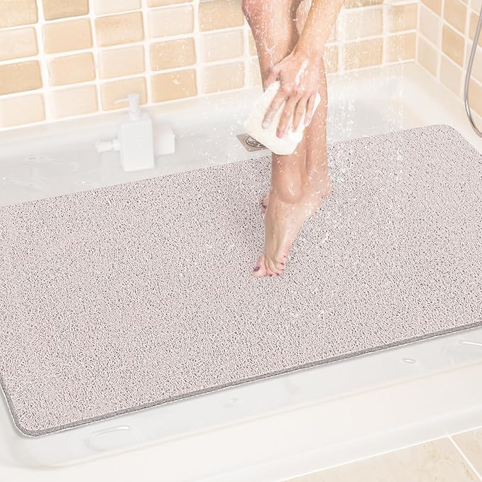 LuxStep Shower Mat Bathtub Mat,40x24 inch, Non-Slip Bath Mat with Drain, Quick Drying PVC Loofah Bathmat for Tub,Shower,Bathroom,White