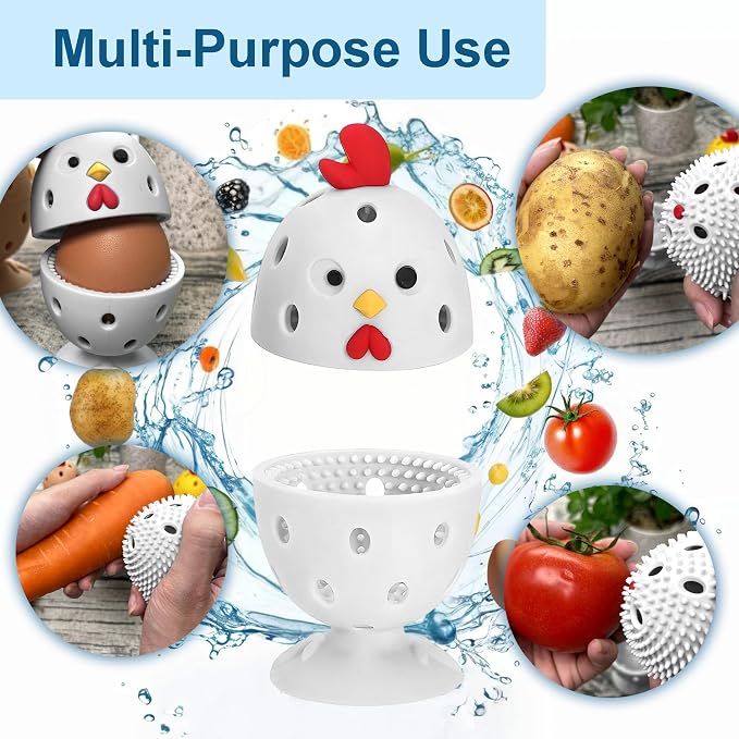 Egg Washer for Fresh Eggs, Egg Scrubber for Fresh Eggs, 2 Reusable Silicone Chicken Shaped Scrubs, Chicken Egg Cleaner, Eggshell Cleaner for Poultry Farm, Housewife Tools Vegetable Processing (White)