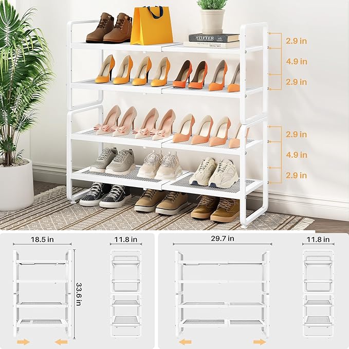 SNTD Shoe Rack - Expandable Shoe Organizer for Closet, Adjustable Metal Shoe Shelf Storage, Stackable Long Shoe Stand Holder for Garage, Entryway, Door Entrance (White, 4-Tier)