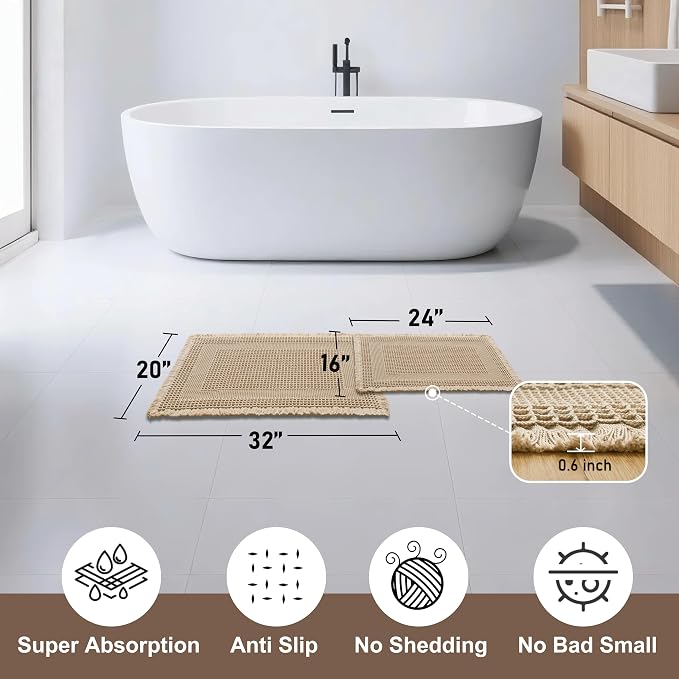 JIUZHEN Set of 2 Waffle Bath Mats Super Absorbent Bath Mat Non Slip Bathroom Rugs for Bathroom Floor Dry Fast Washable Boho Rugs for Beside Tub, 16" x 24" +20" x 32", Loop-Brown