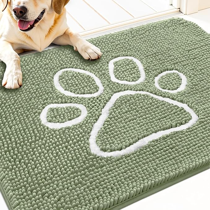 OLANLY Dog Door Mat for Muddy Paws 32x20, Paw Print Design, Absorbs Moisture and Dirt, Non-Slip Washable Doormat, Quick Dry Chenille Mud Mat for Dogs, Entry Indoor Entryway Carpet, Sage Green