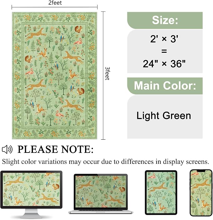 DUKINO 2x3 Rug, Washable Animal Rugs for Entryway, Non Slip Indoor Door Mat, Soft Low Pile Small Area Carpet for Entrance, Bedroom, Kitchen, Laundry, Bathroom, Light Green