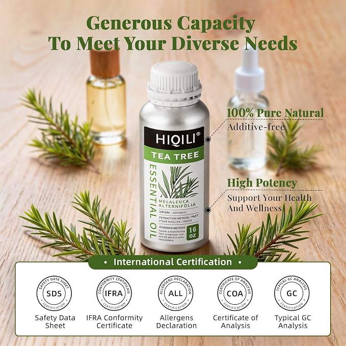 HIQILI Tea Tree Oil 16 Fl Oz, for Skin, Hair, Nail, Diffuser, Soap Making, Includes Two Portable Decanters