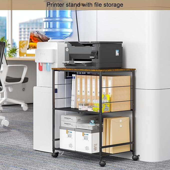 ThreeHio Rolling Kitchen Microwave Cart with Power Outlet, 3 Tier Microwave Table Stand with Storage, Kitchen Utility Cart on Wheels, Small Coffee Cart Shelf Rack Organizer for Living Room Office