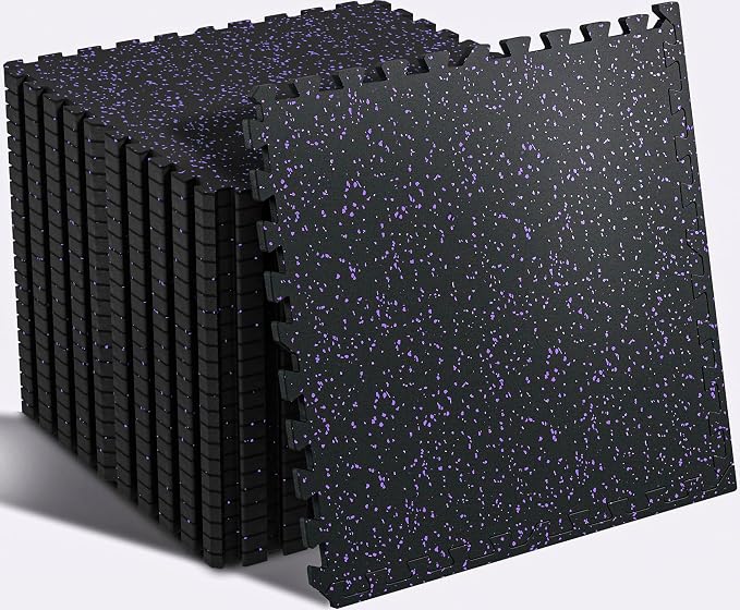 SUPERJARE 0.56'' Thick 24 Pcs 96 Sq Ft Rubber Top Exercise Equipment Mats, High Density EVA Foam Mats with Rubber Top, Interlocking Gym Flooring for Home Gym, Protective Workout Mat, Black/Purple