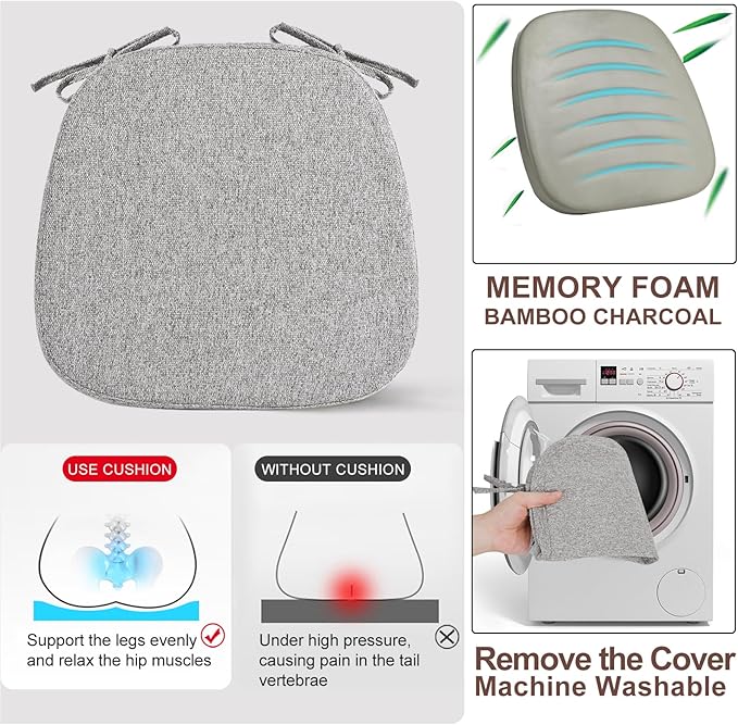 SINOSSO 1 Pack Memory Foam Chair Cushions for Dining Chair, Friendly Woven Fabric 16" U-Shape Comfortable Kitchen Chair Pad, Removable Slip Resistant Seat Cushion (1 Piece, Light Grey)