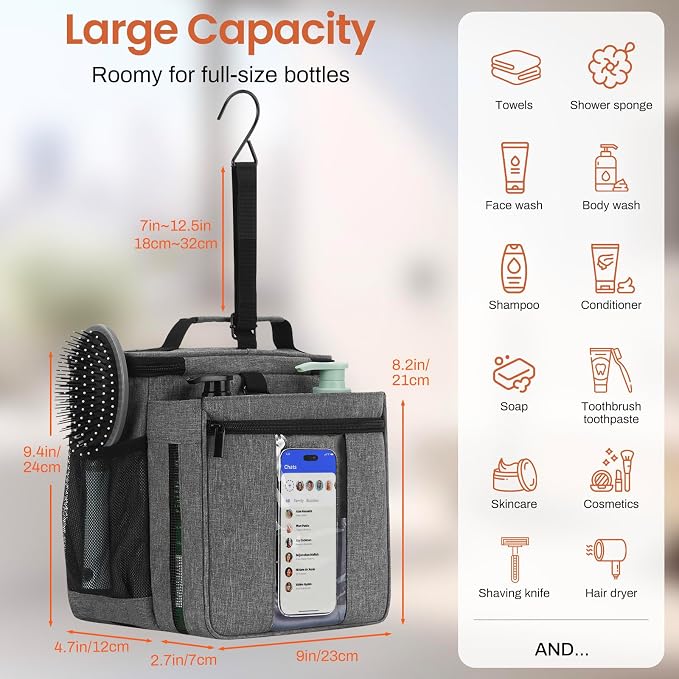 Shower Caddy Portable Quick Dry Mesh Dorm Shower Bag Men Women 2 Compartment College Dorm Room Essentials for Guys Girls,Hanging Shower Organizer for Camping Gym,Gray