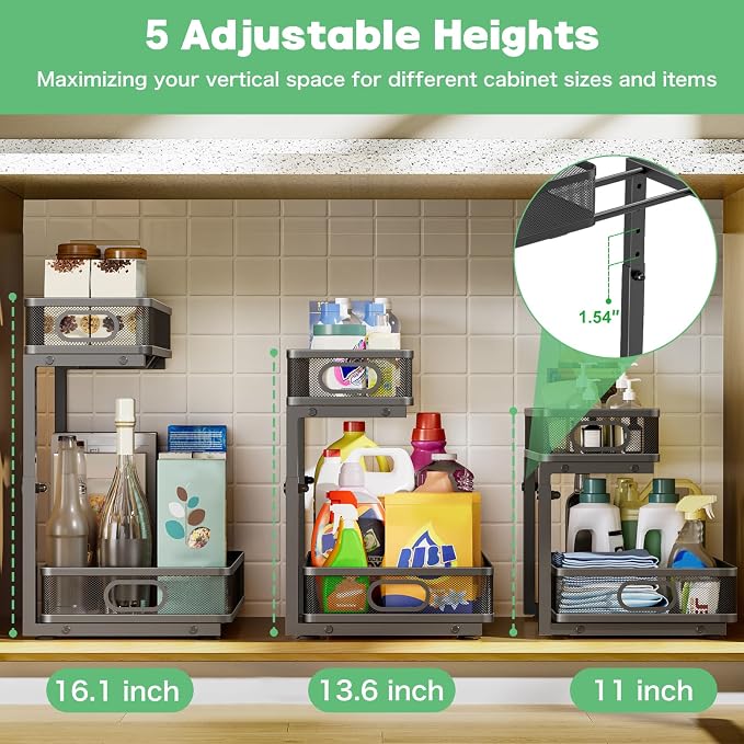 Under Sink Organizer 2 Pack, High Adjustable 2 Tier Under Sink Organizers and Storage, Slide out Metal Cabinet Organizers, Pull out Storage Drawer Shelf for Kitchen Bathroom Cabinet