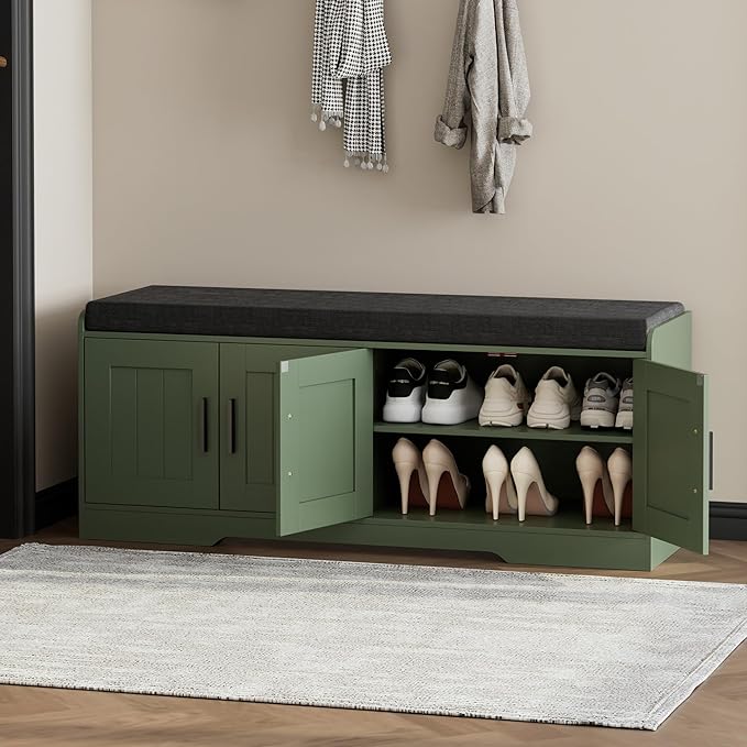 Homleke 2-Tier Storage Bench, Shoe Bench with Thickened Padded Seat Cushion, Entryway Bench with 4 Doors, Adjustable Shelf, 13.8" D x 45.3" W x 18.5" H, for Entryway, Living Room, Bedroom, Green