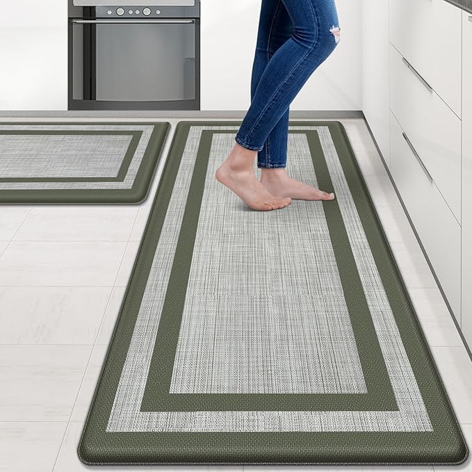 Mattitude Kitchen Mats Set of 2 Cushioned 0.47 inch Thick Rugs Non-Skid Waterproof Mats and Ergonomic Comfort Standing for Floor, Office, Sink,Laundry,Green